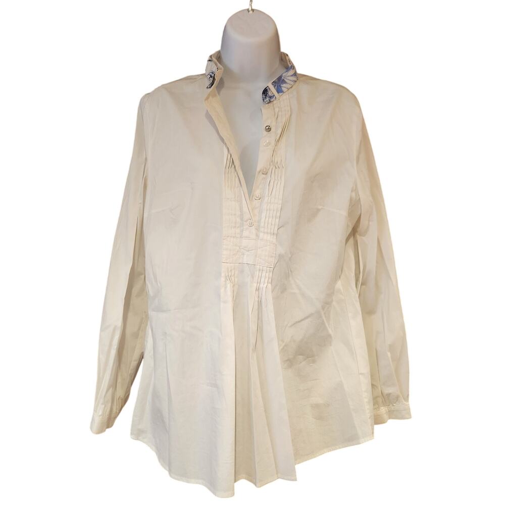 Frank Walder White Button‎ Up Pleated Shirt With Stretch Blue Collar Sz 8